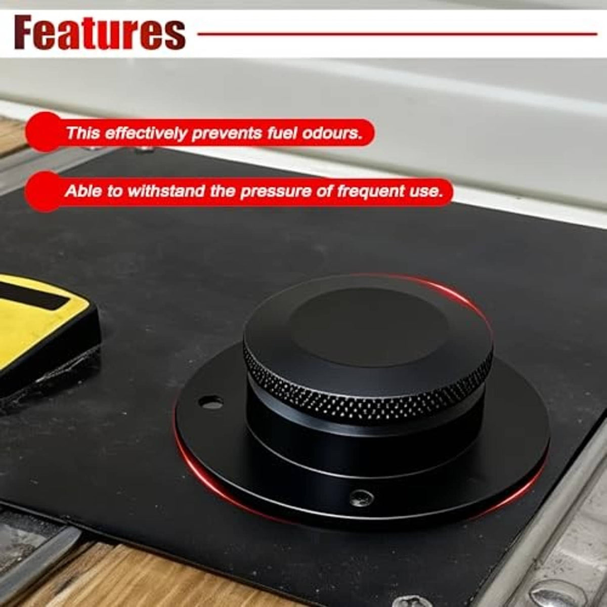 Black filler neck cap with textured rim on round weld-on mounting base