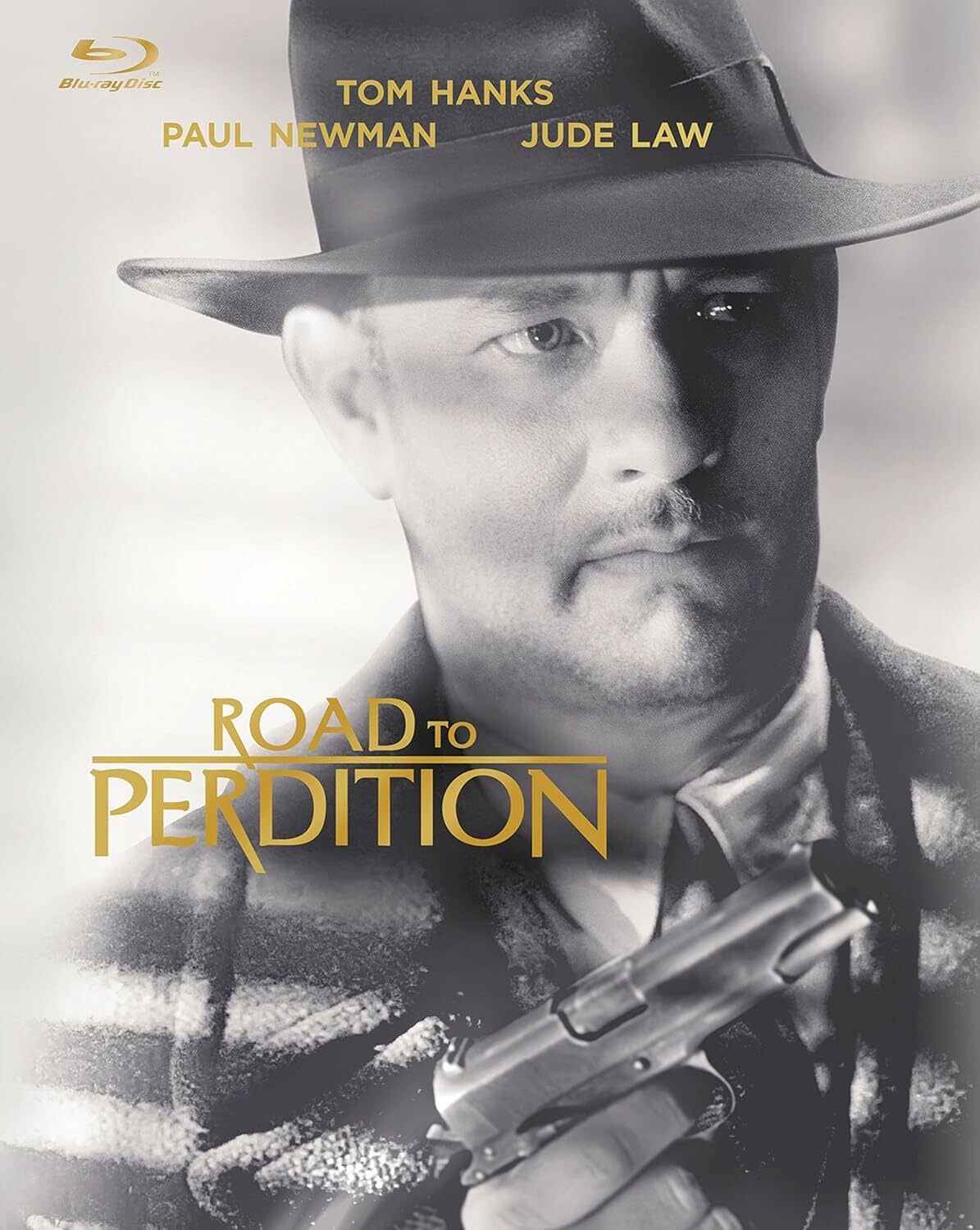 Road To Perdition Blu-ray cover: fedora man holding pistol, black-and-white