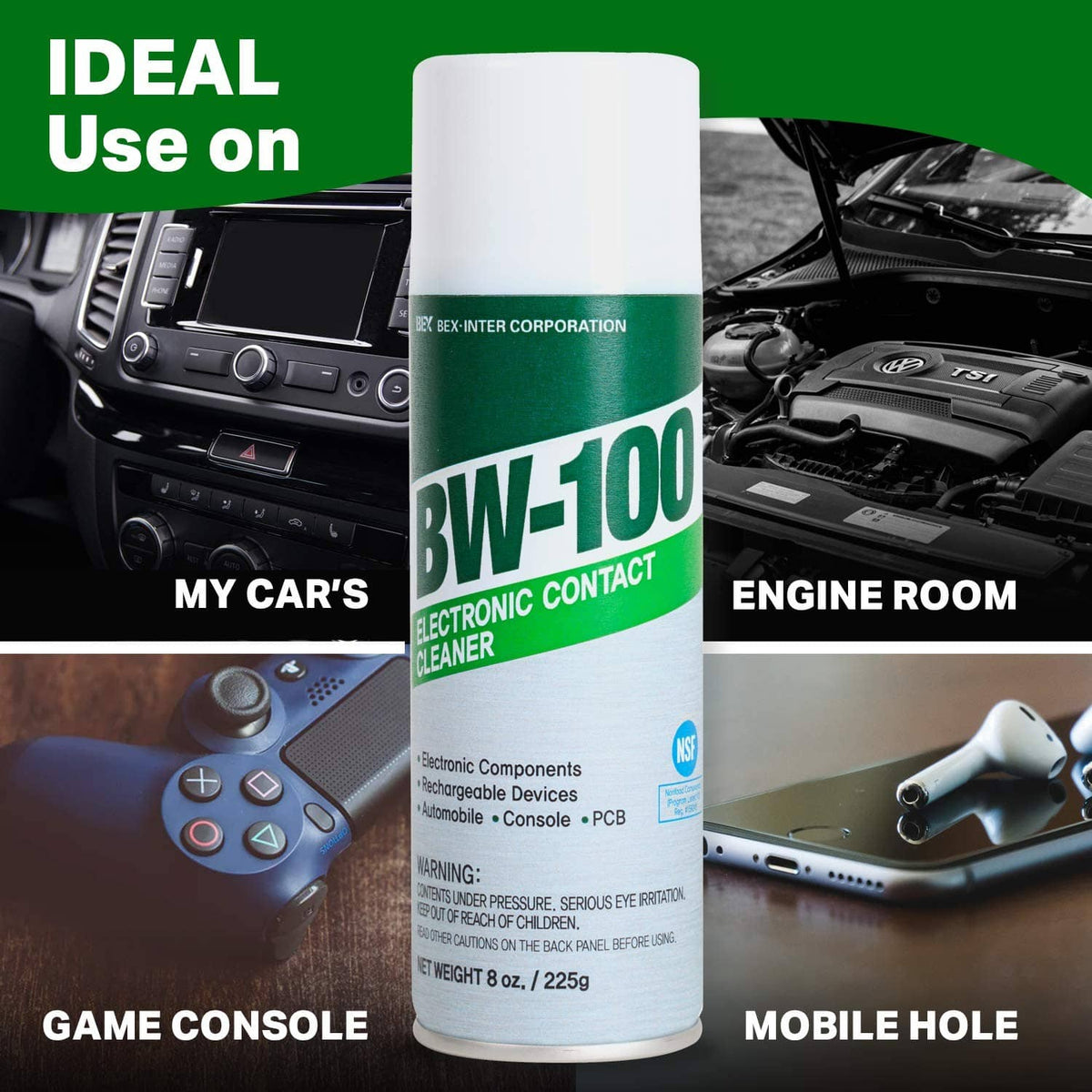 BW-100 electronic contact cleaner aerosol can with green-and-white label and cap