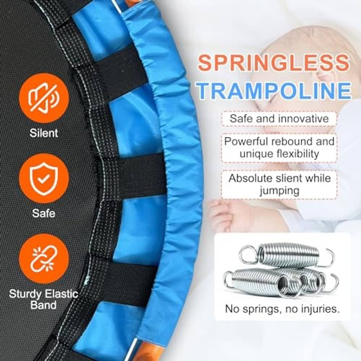 Trampoline edge close-up with black elastic straps on blue padding and orange support legs
