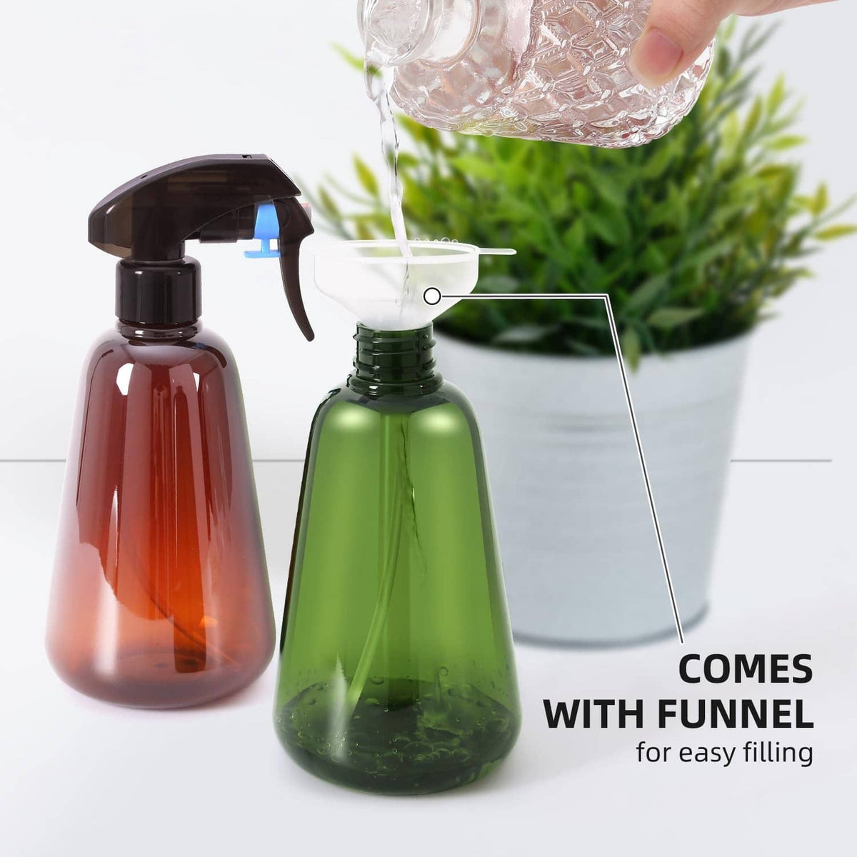Green and brown plant spray bottles with black nozzles; water being poured into sprayer
