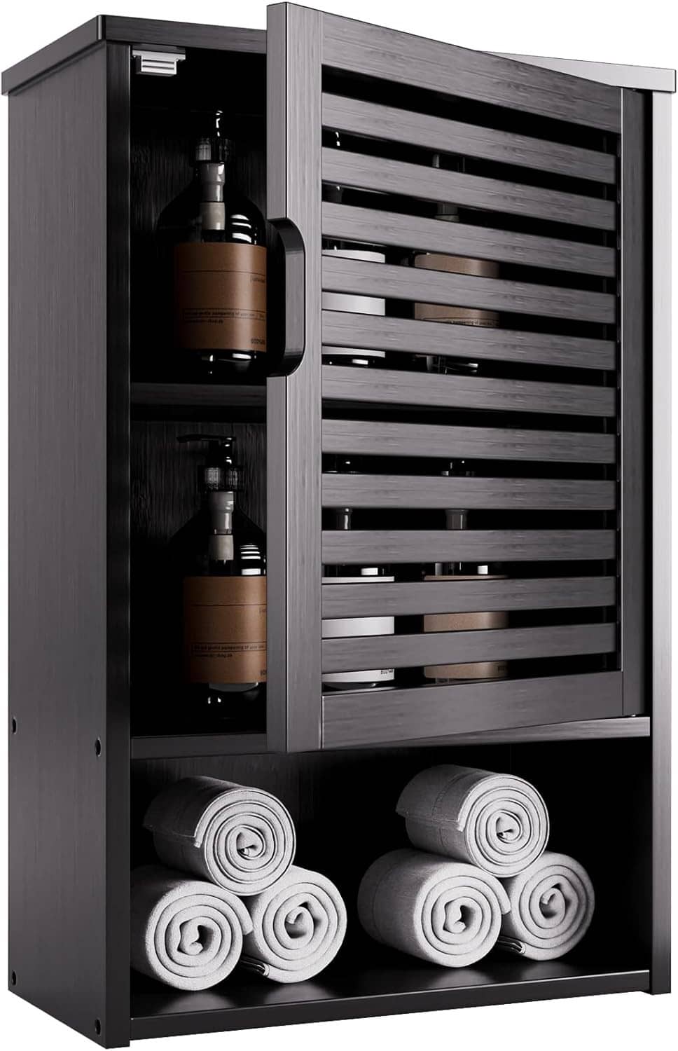 Front view wall medicine cabinet with slatted door and rolled towels on lower shelf