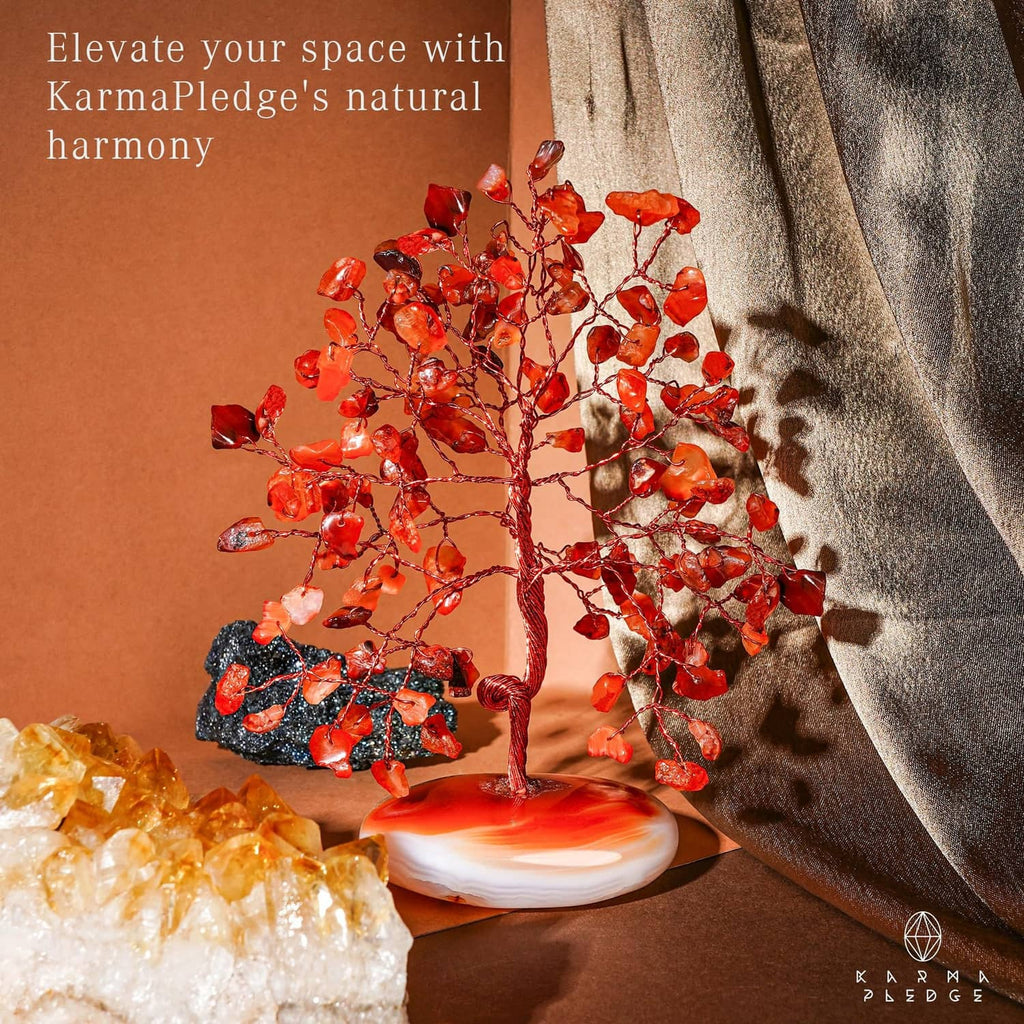 Carnelian crystal tree on white palm-stone base with orange-red gemstone branches