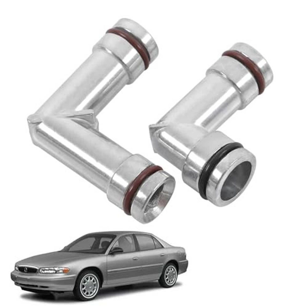 Two aluminum heater hose elbow fittings, silver metal with brown and black O-rings
