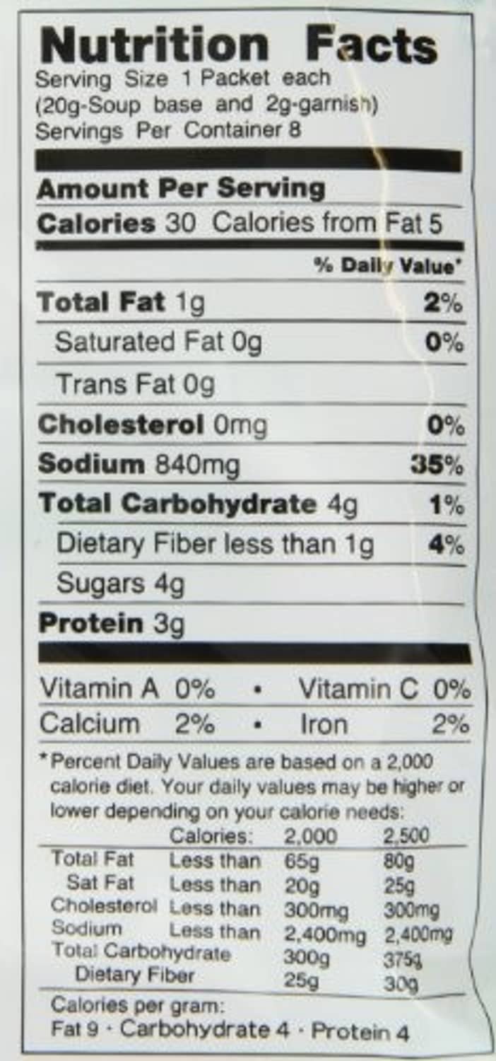 Instant miso soup Nutrition Facts label with calories, sodium, protein, and carbs