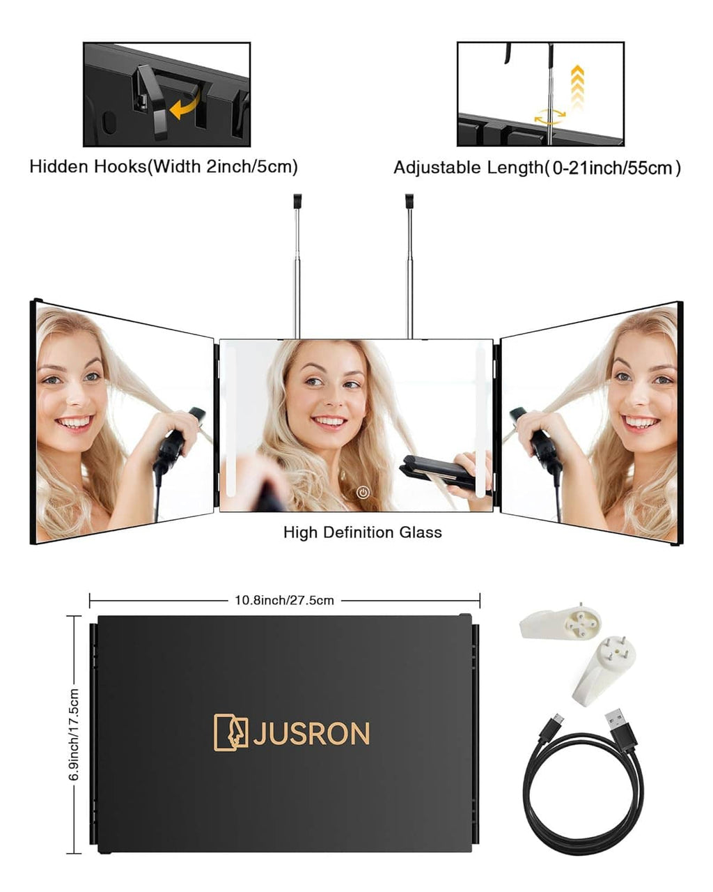 Hair cutting mirror with adjustable length hooks and high-definition glass panels