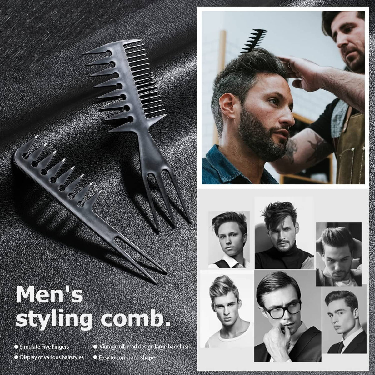 Black men's hair styling comb with wide-tooth and fine-tooth sections