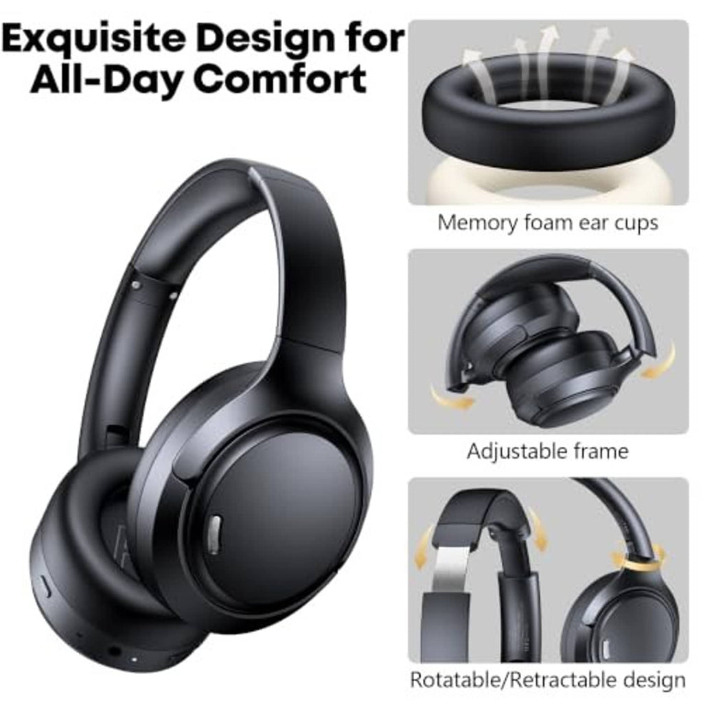 Black over-ear wireless headphones with memory-foam style ear pads and adjustable headband