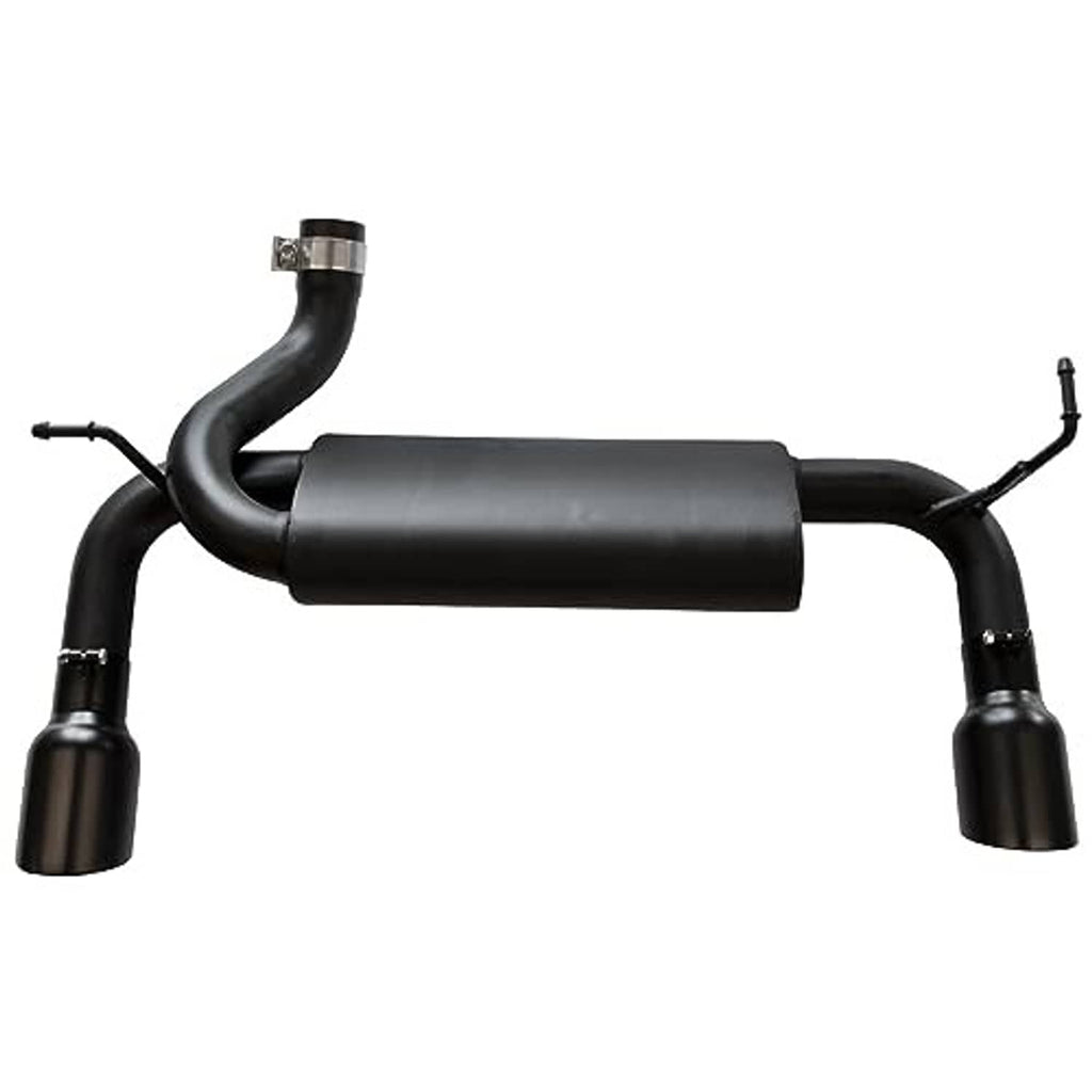 Black exhaust system with central muffler and two large round tailpipes