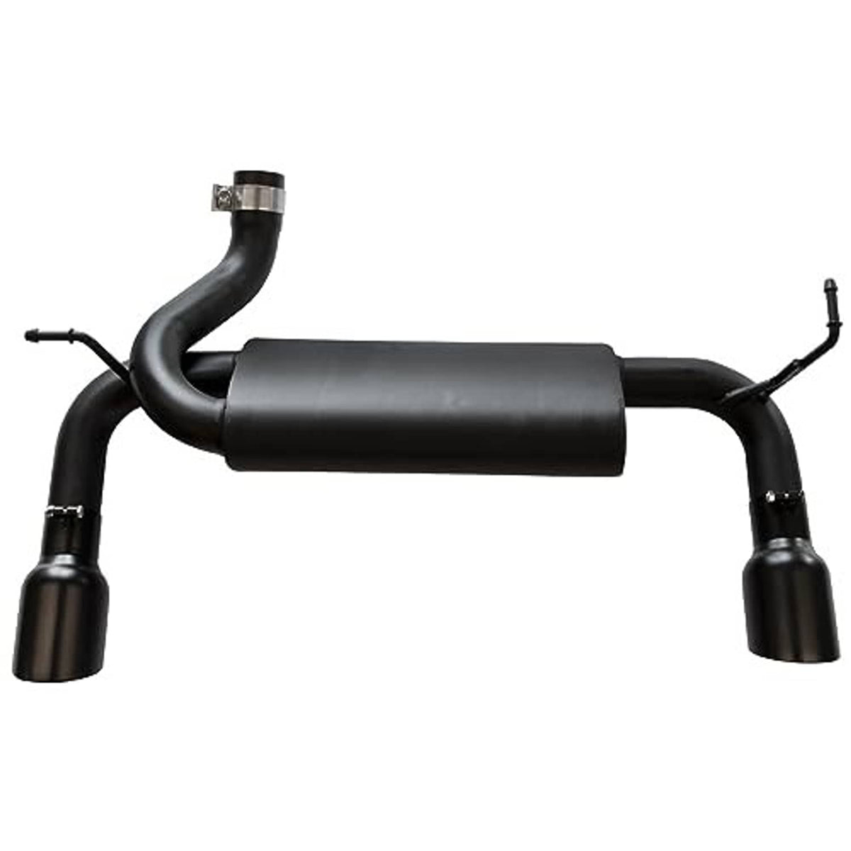 Black exhaust system with central muffler and two large round tailpipes