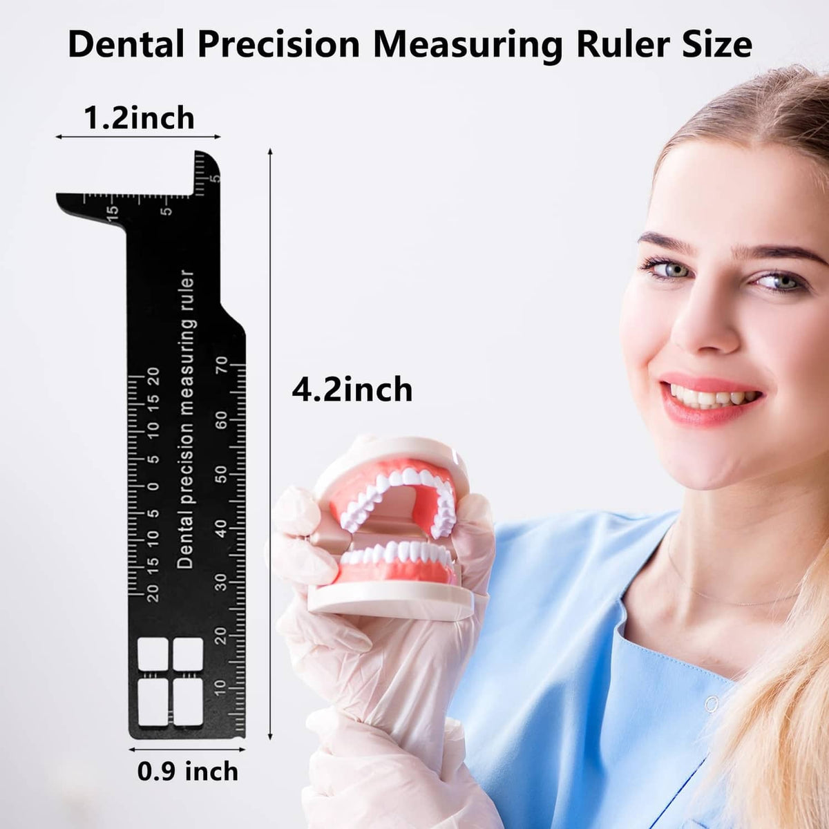 Black dental precision measuring ruler with clear scale markings and angled bracket