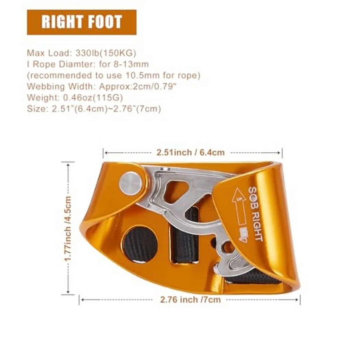 Right foot rock climbing ascender diagram, orange housing with silver metal parts