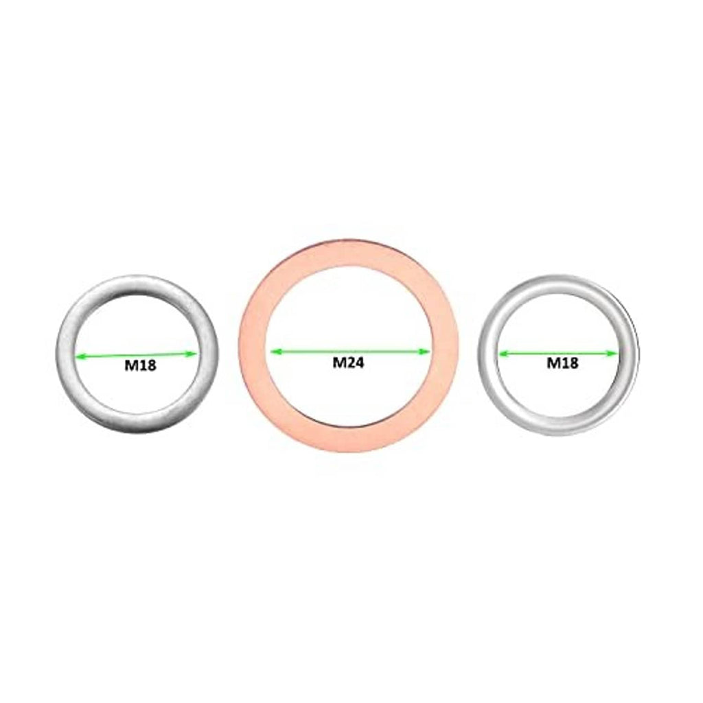 Three metal and copper gasket rings with green measurement arrows