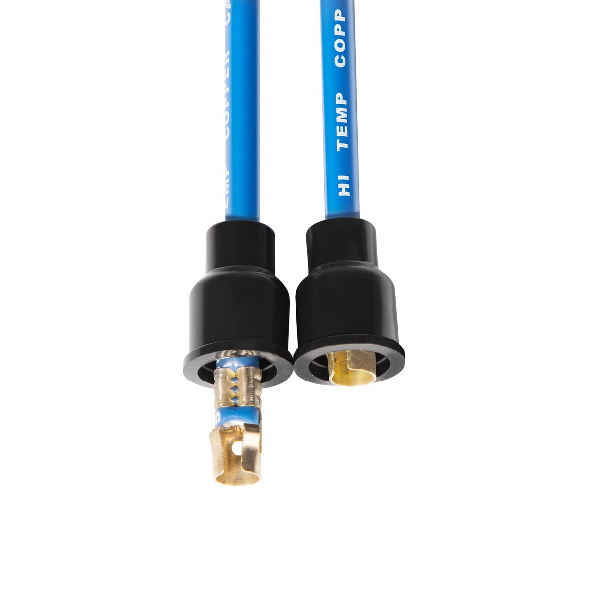 Pair of blue spark plug wires with black boots and brass terminals