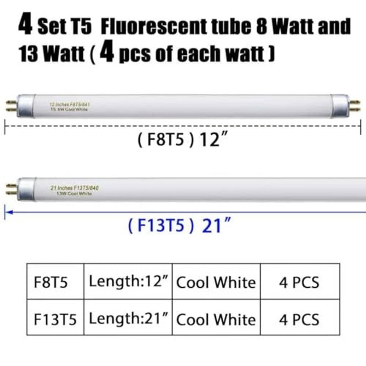 T5 fluorescent tubes with G5 bi-pin bases, side view length comparison
