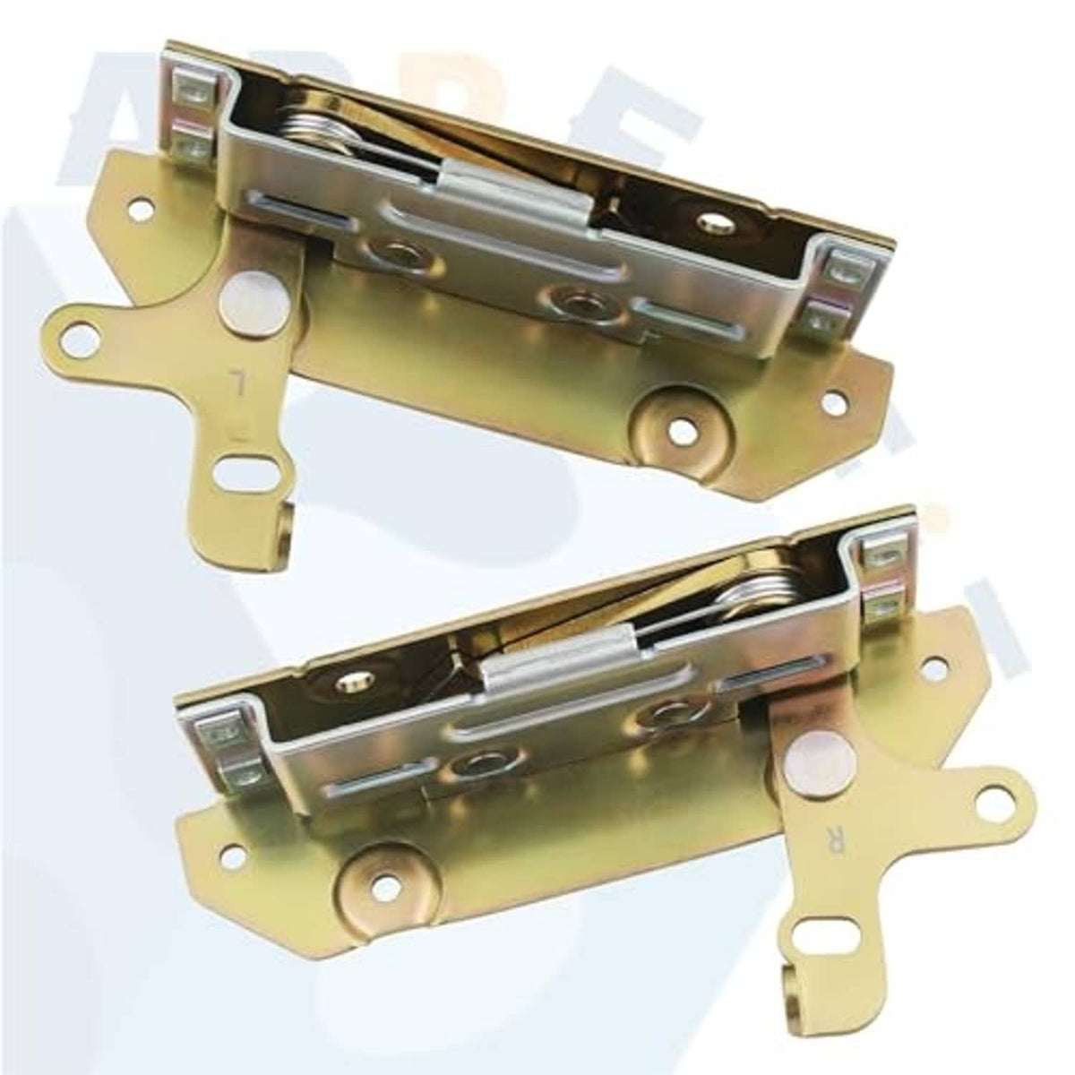 Gold door latch lock assembly with mounting tabs and latch handle, underside view