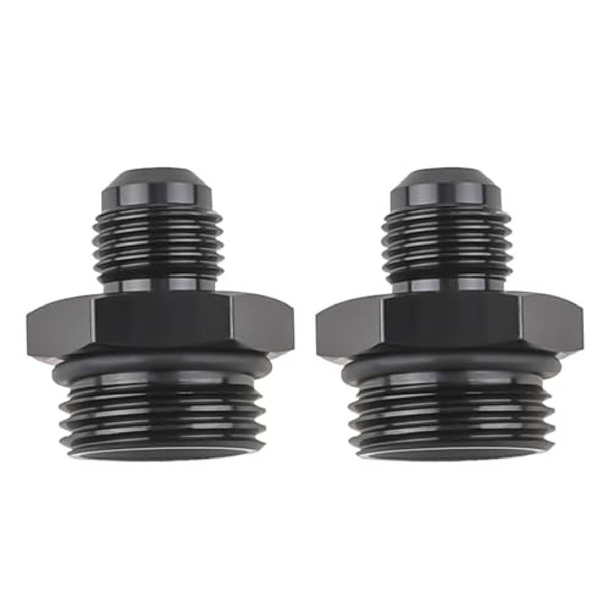 Black AN ORB O-ring adapter fittings with hex face and stacked threads