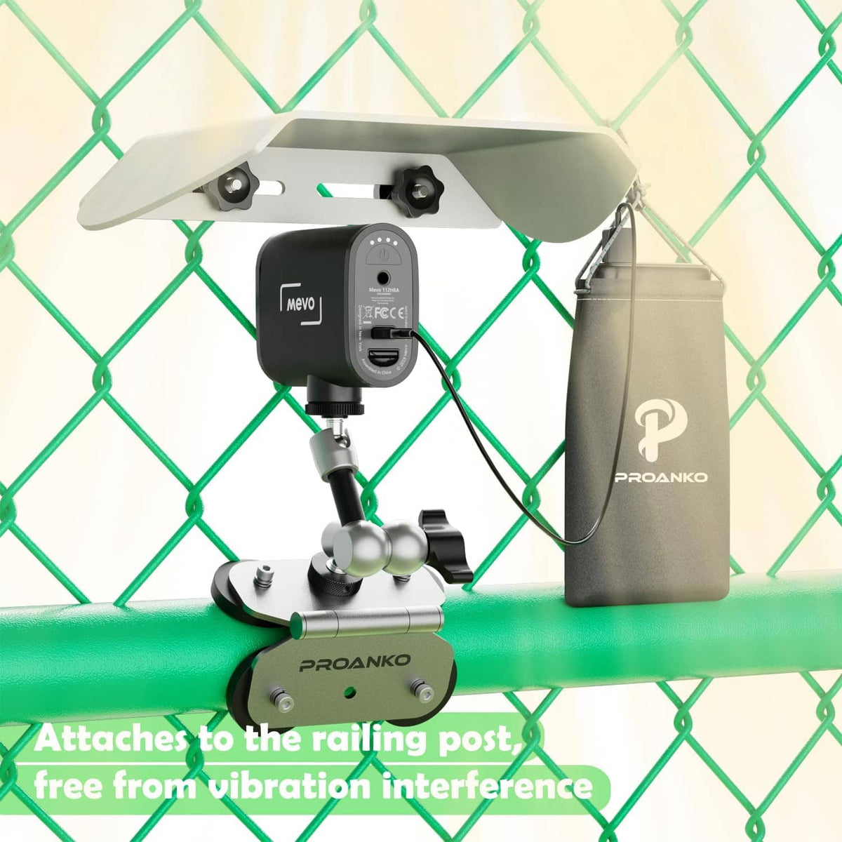 Magnetic phone fence mount kit with shade, phone device, stabilizer arms, and power pouch