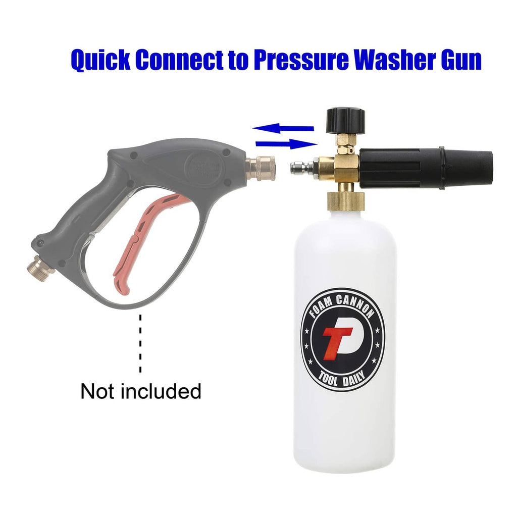 Foam cannon bottle with black spray handle and brass quick-connect adapter, plus trigger gun