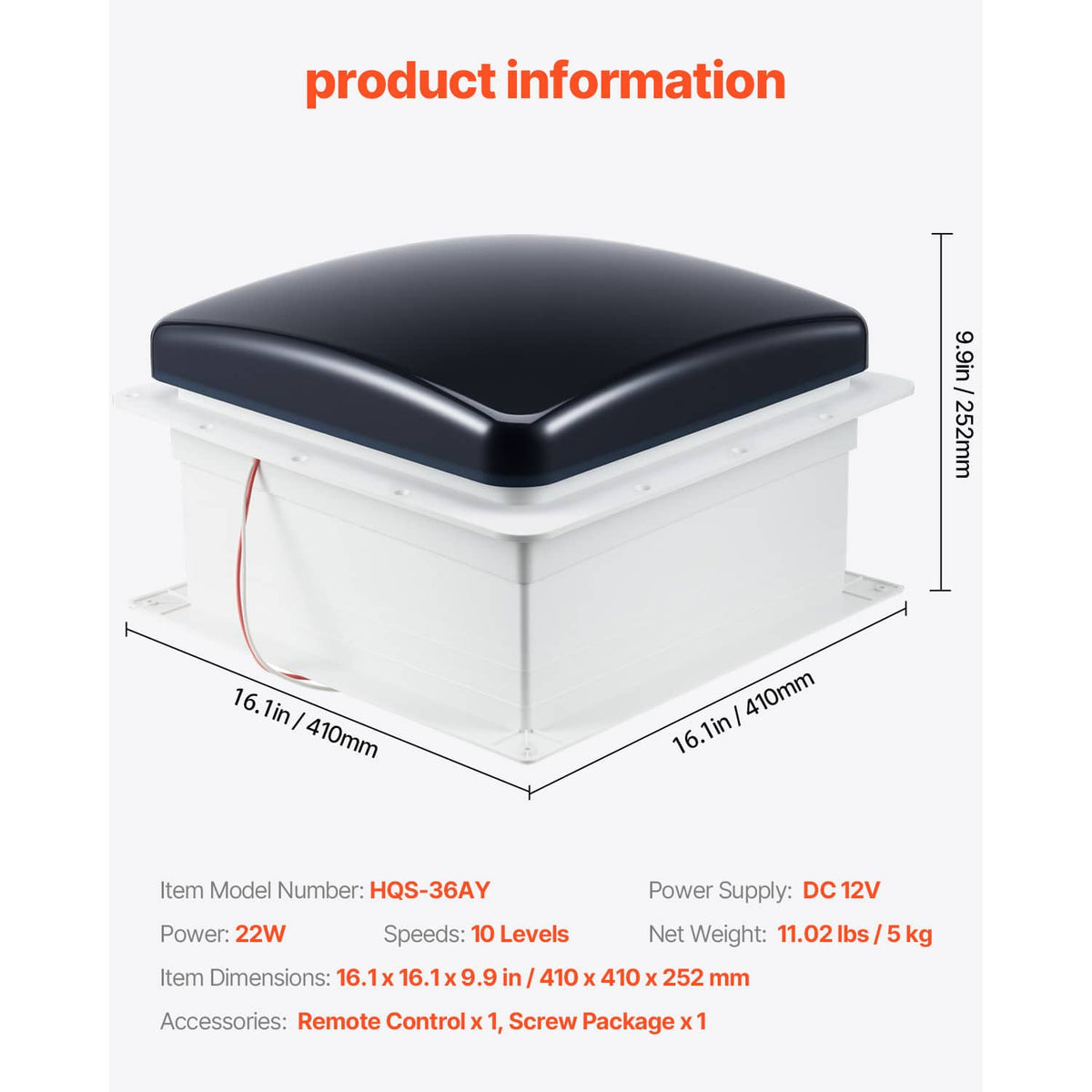 Roof vent fan with dark lid, white housing, and dimensions on a product diagram