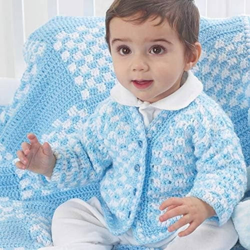Light blue knitted baby cardigan and blanket wrap with textured pattern