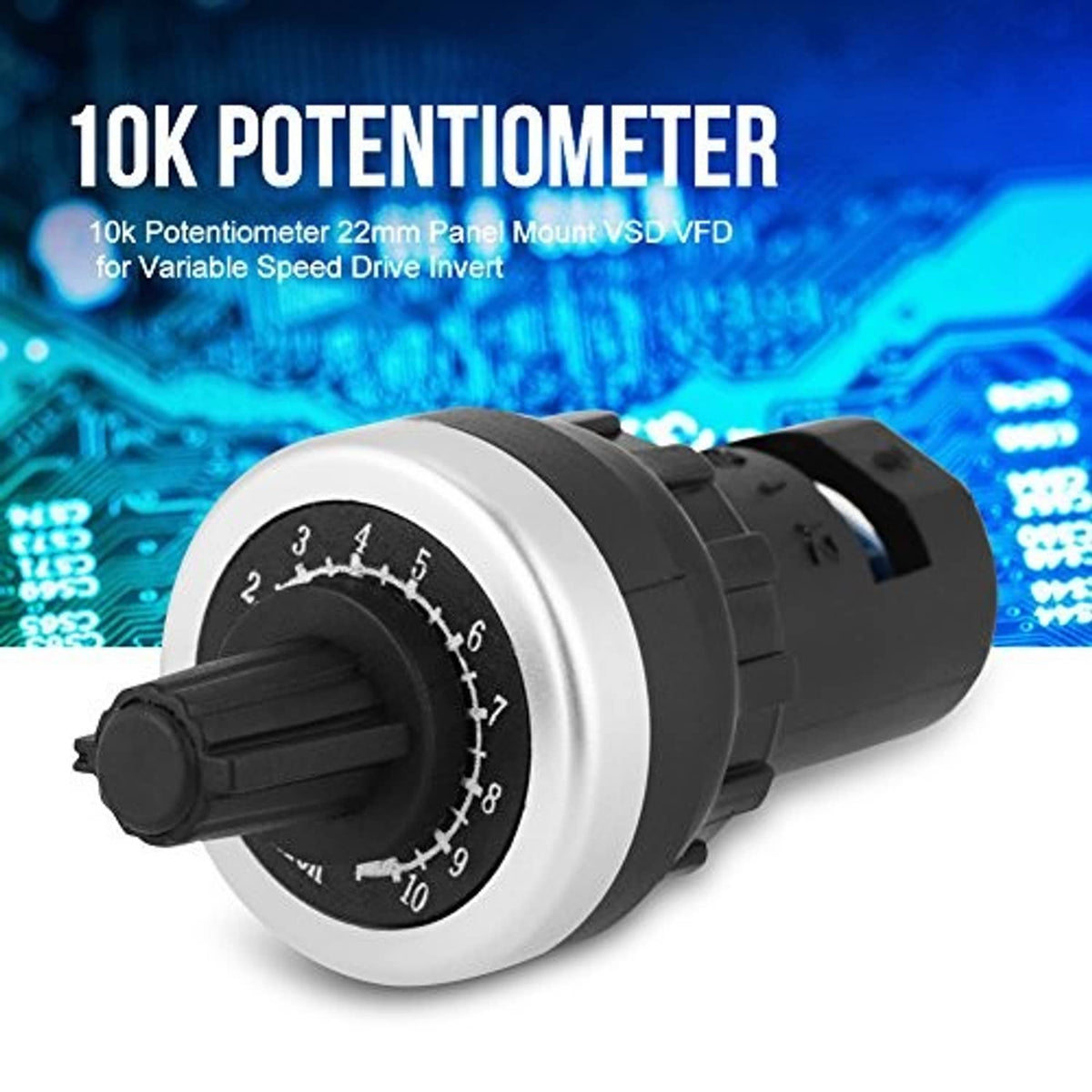 Panel-mount 10K potentiometer with silver bezel and black numbered adjustment dial