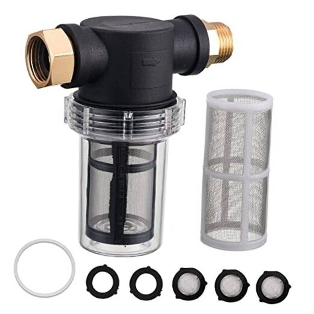 Pressure washer inlet hose filter with black housing, clear canister, brass fittings
