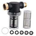 Pressure washer inlet hose filter with black housing, clear canister, brass fittings