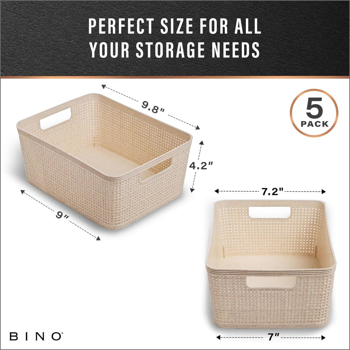 Small natural woven plastic storage basket with open top and side cutout handles, 5-pack