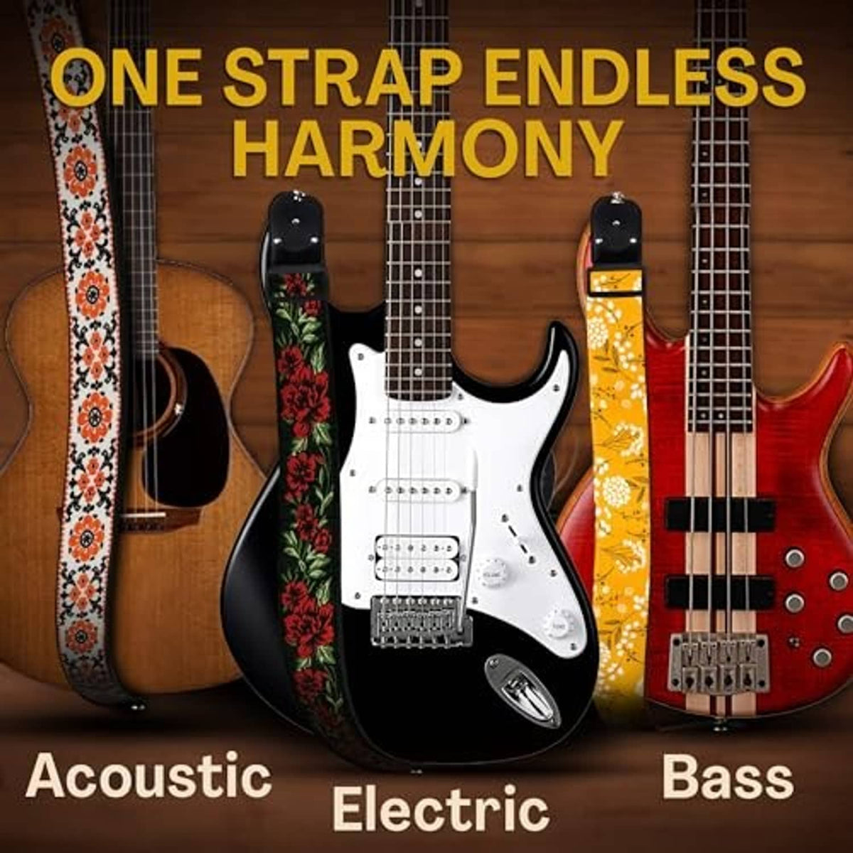 Floral woven guitar strap worn on acoustic guitar