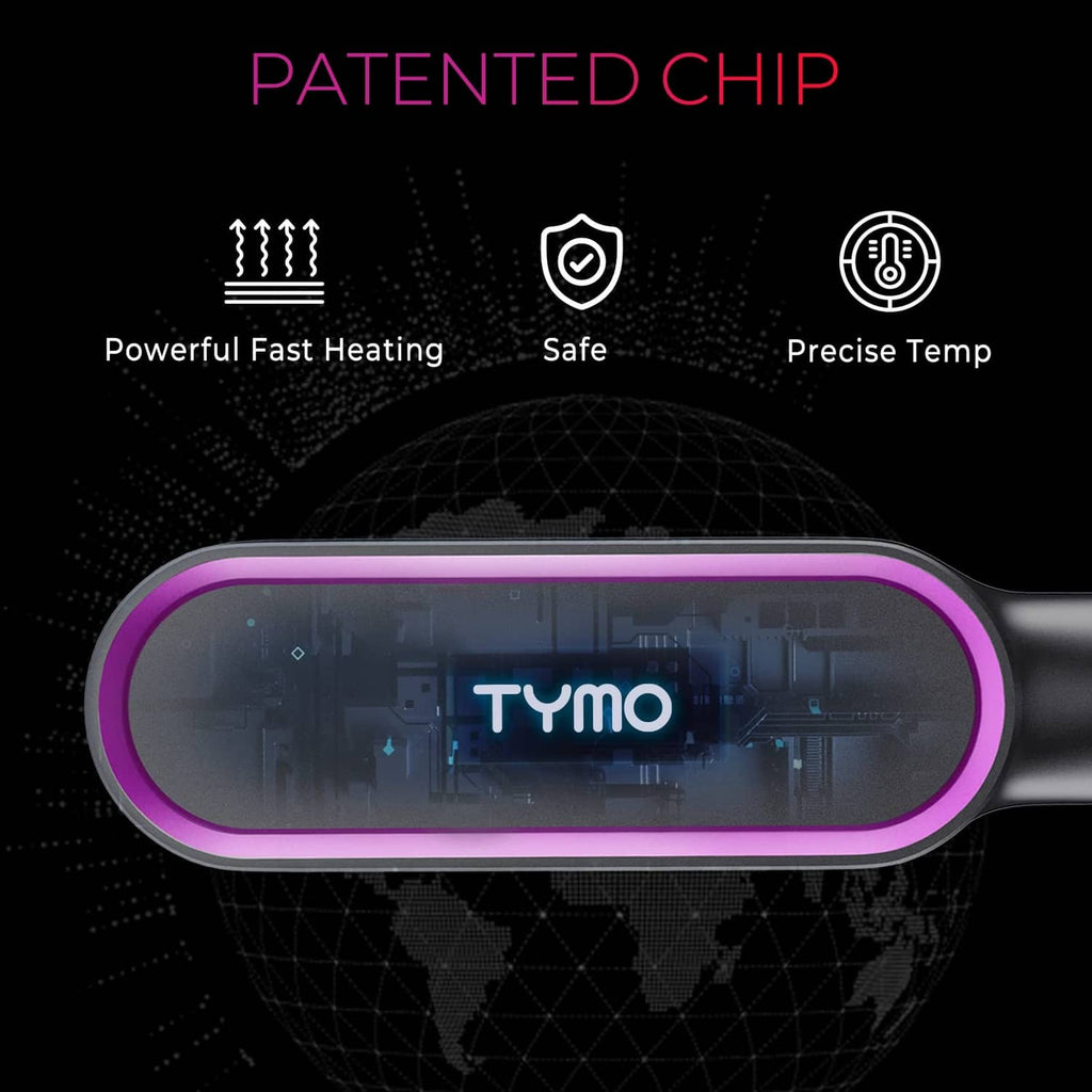 Black hair straightener brush with purple LED-style display and ring heating surface