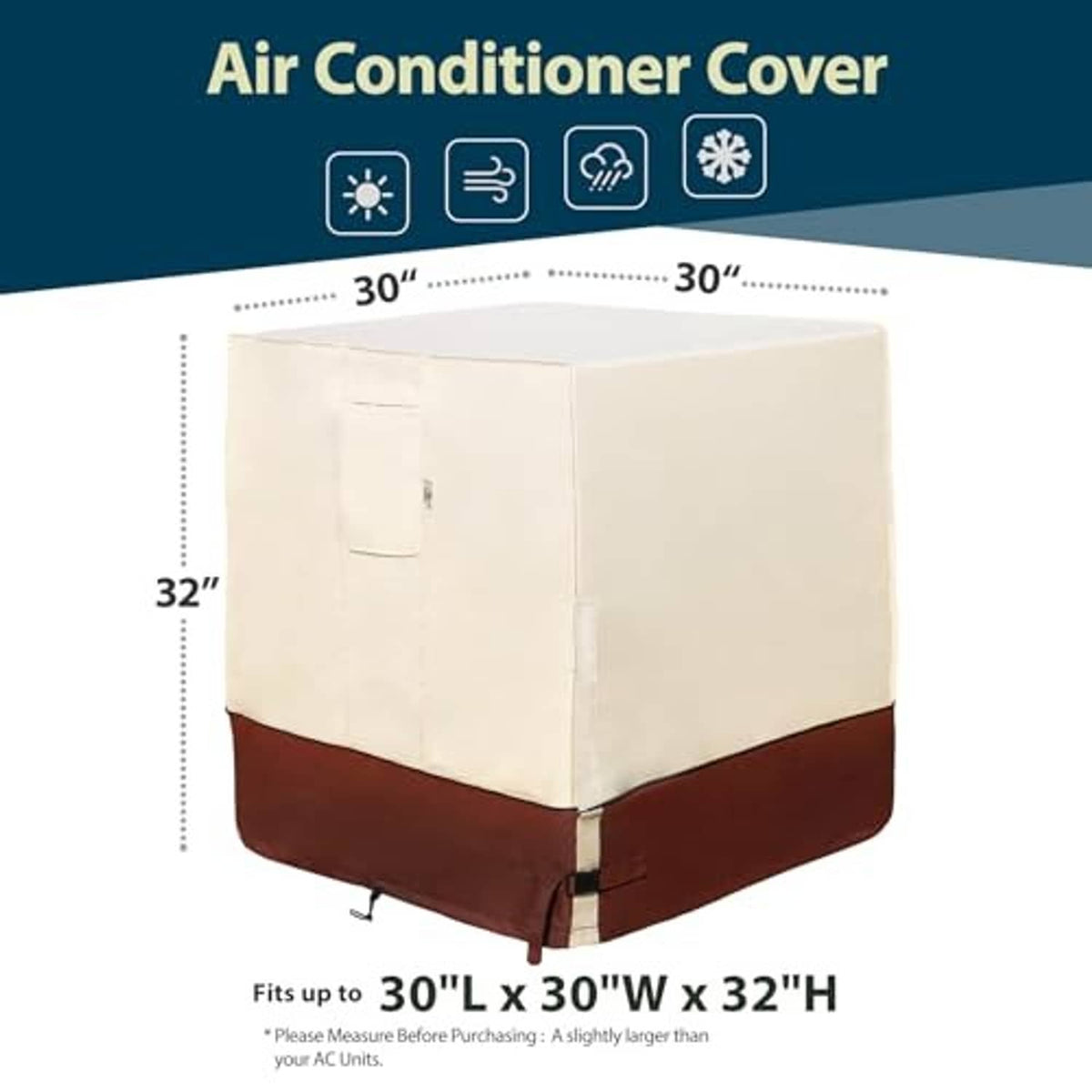 Outdoor AC unit cover with cream top and dark brown lower, square fit design