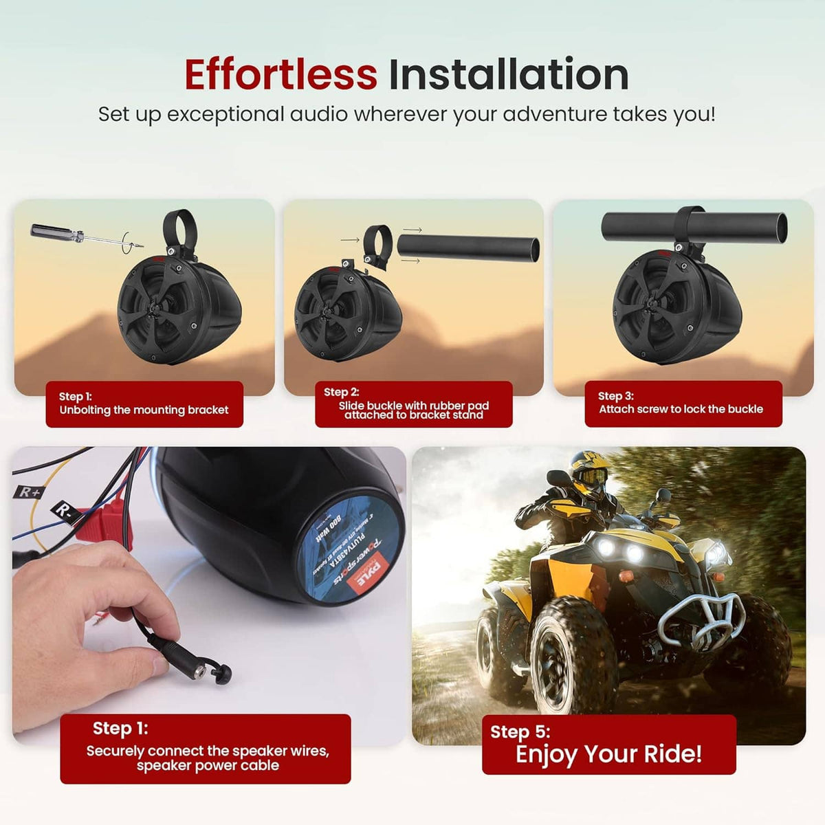 Black waterproof off-road speakers with mounting bracket and wiring for installation
