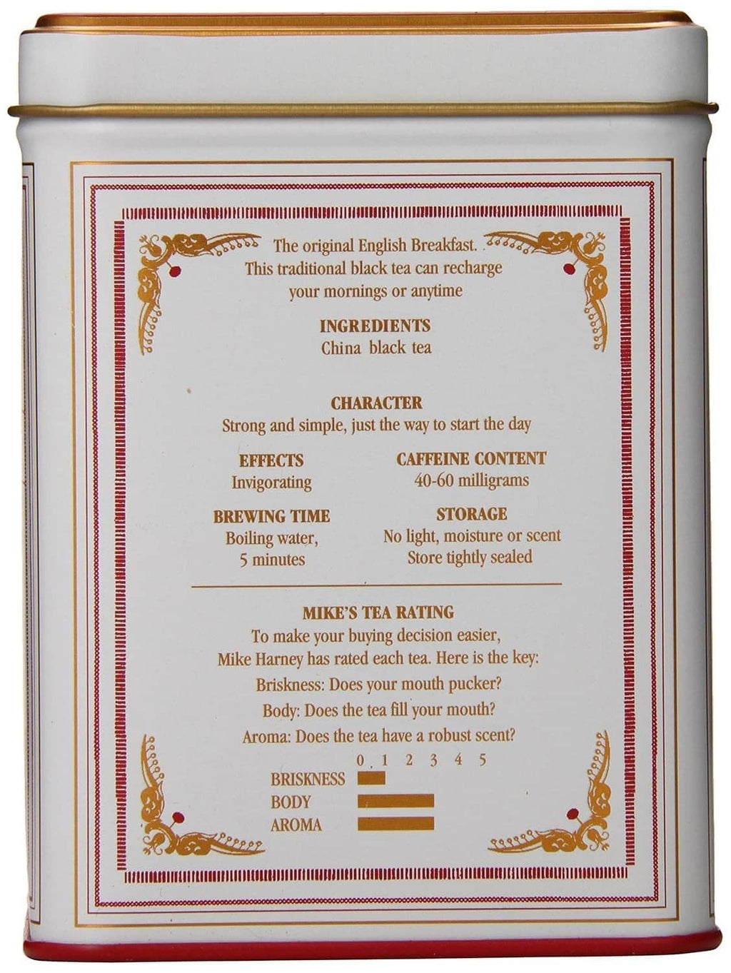 Tea back label with character, ingredients, caffeine content, and brewing/storage details