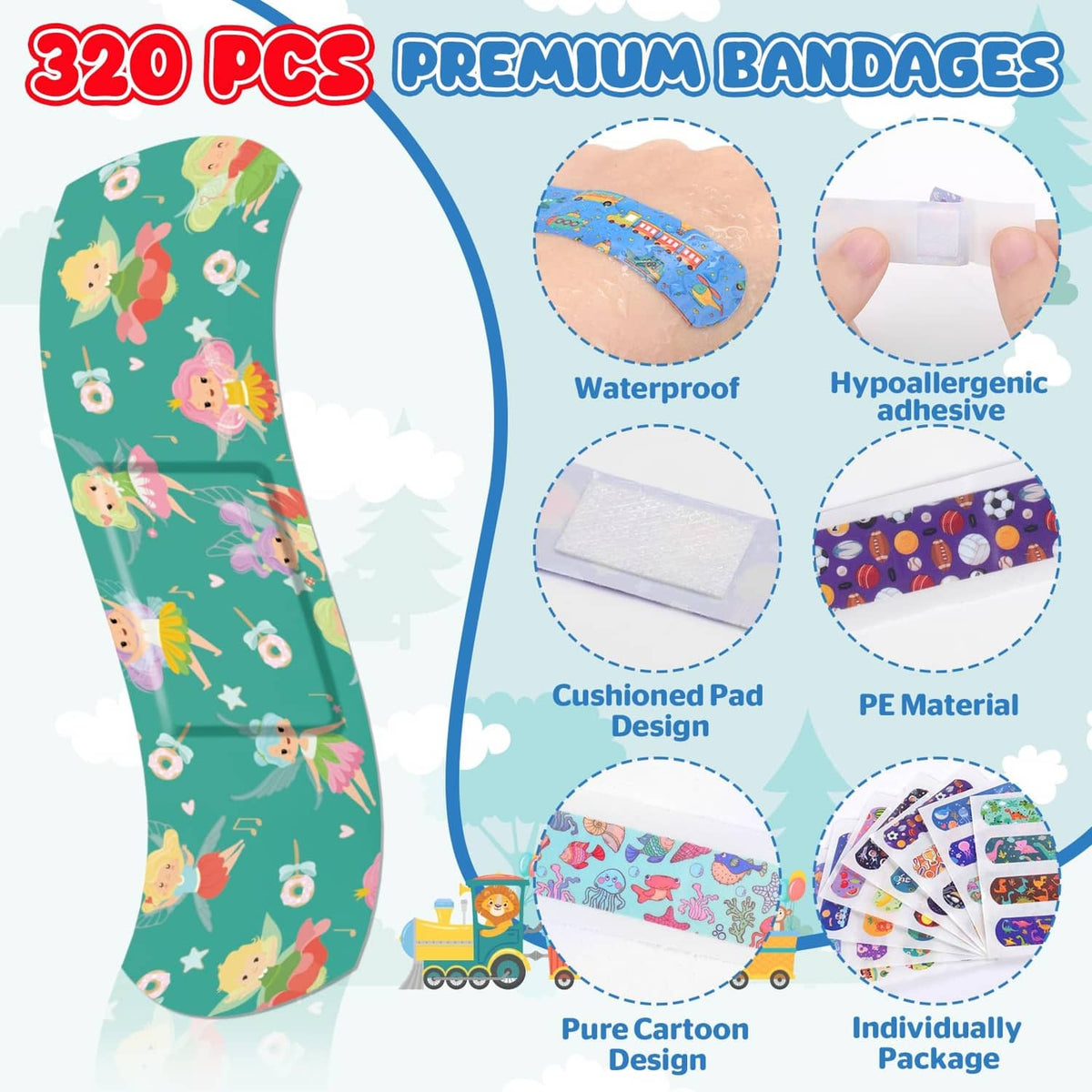 Kids cartoon bandage strip with animal pattern; waterproof, hypoallergenic adhesive