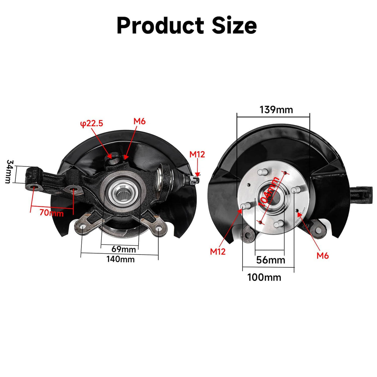 Front wheel hub bearing and steering knuckle assembly with mounting plate and stud holes