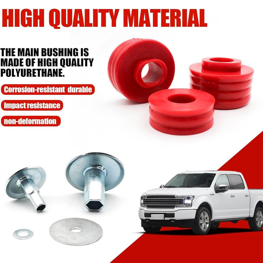 Red polyurethane cab mount bushings with steel washers and bolts for durable installation.