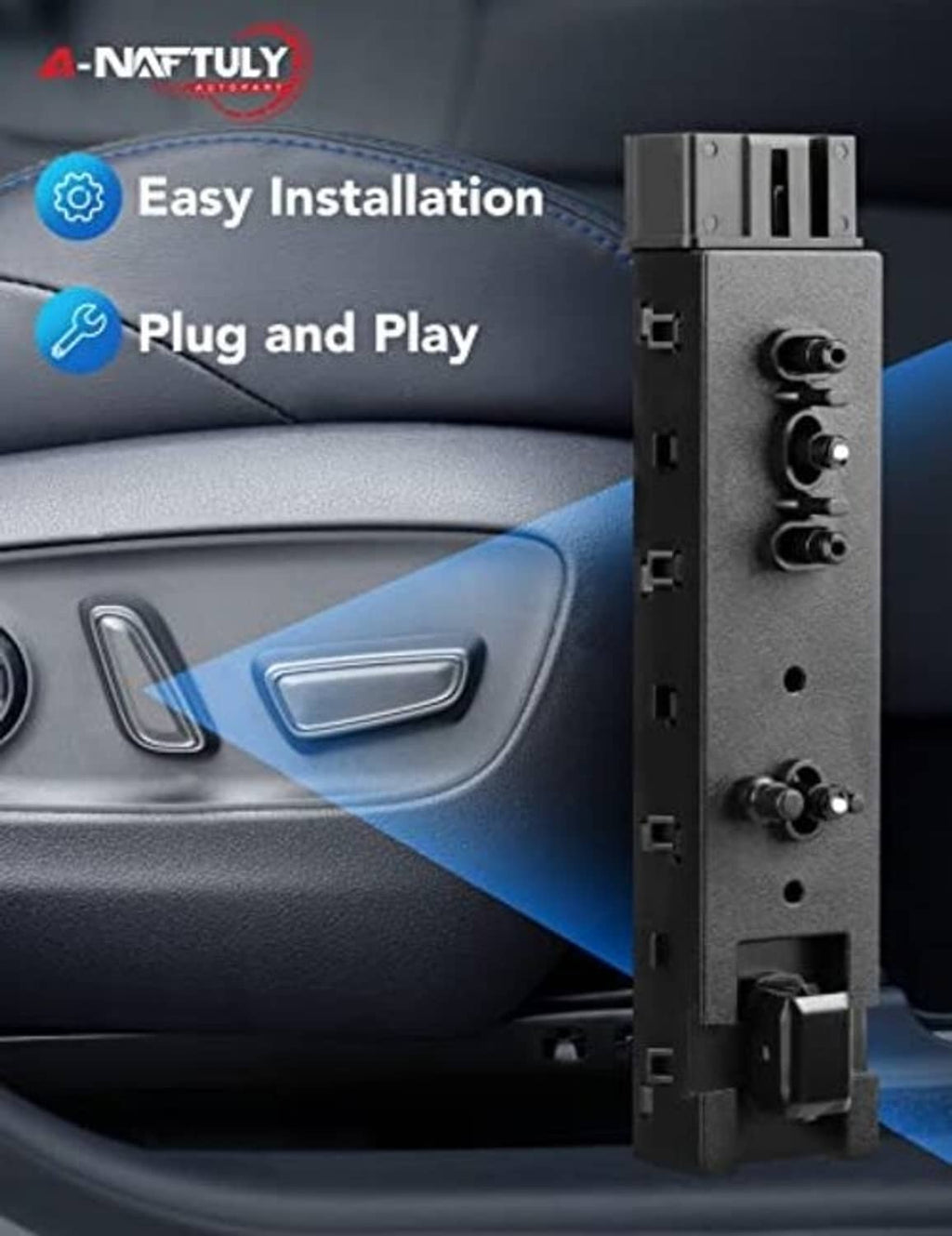 Left driver-side power seat switch replacement module shown near a car seat control area