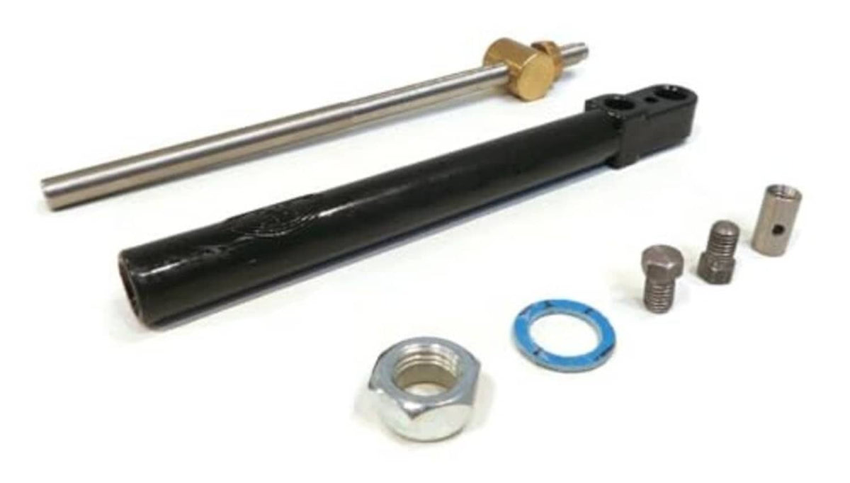 Black shift actuator assembly with metal rod, fasteners, washers, and blue O-ring.