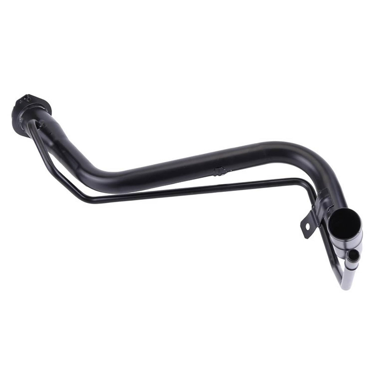 Fuel tank filler neck pipe, black metal with long bend and side mounting plate