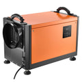 Commercial dehumidifier with orange body, black front fan, and hose outlet ports