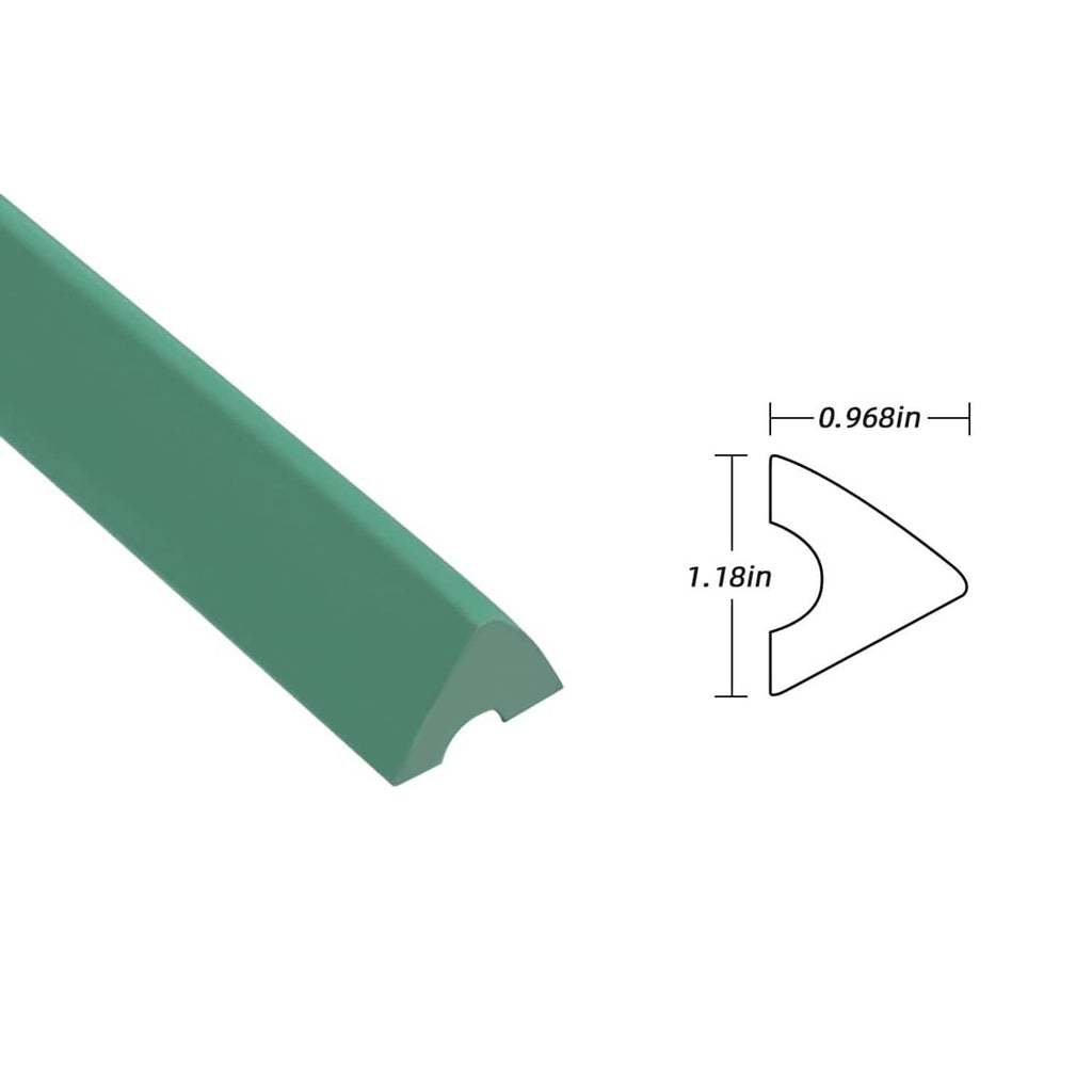 Green pool table rail rubber bumper, triangular corner profile with size markings