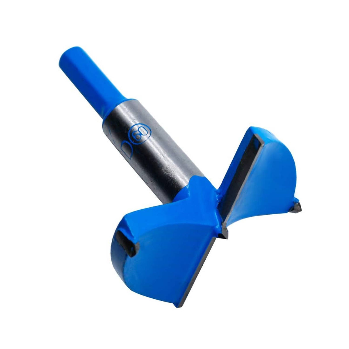 Forstner drill bit with blue body and carbide cutting edges on metal shank