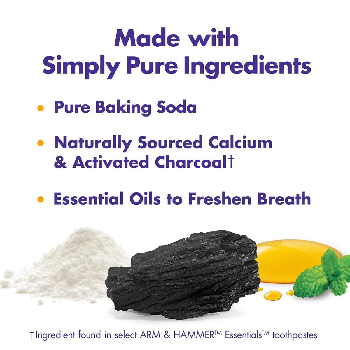 Fluoride-free toothpaste ingredient graphic with baking soda, calcium, and activated charcoal