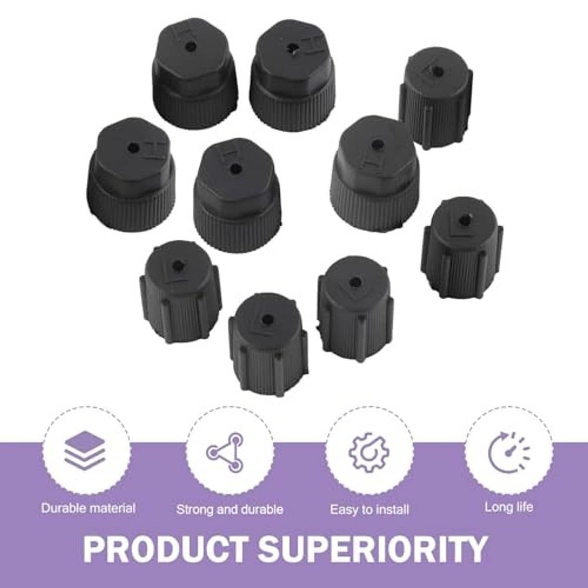 Ten black ribbed AC valve caps arranged in a grid, each with a pinhole
