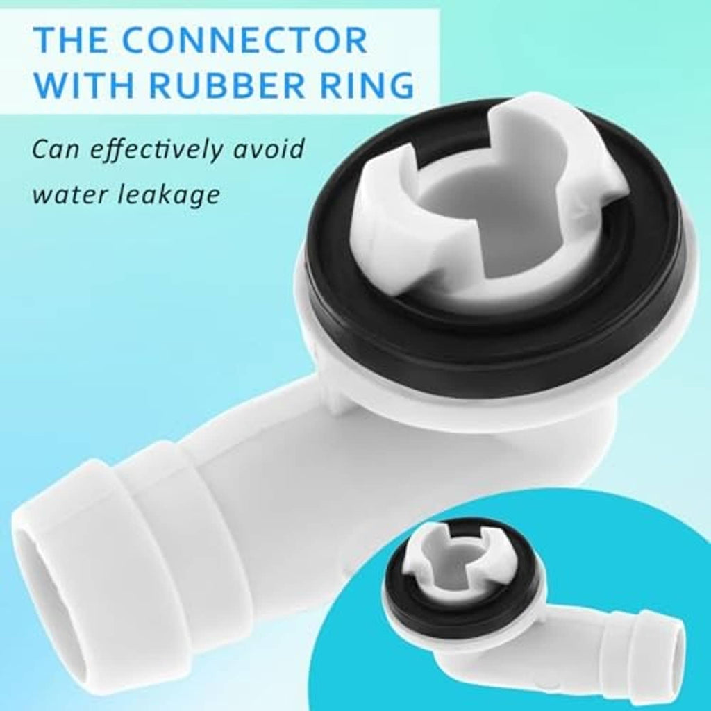 Air conditioner drain hose connector with white fitting and black rubber seal ring
