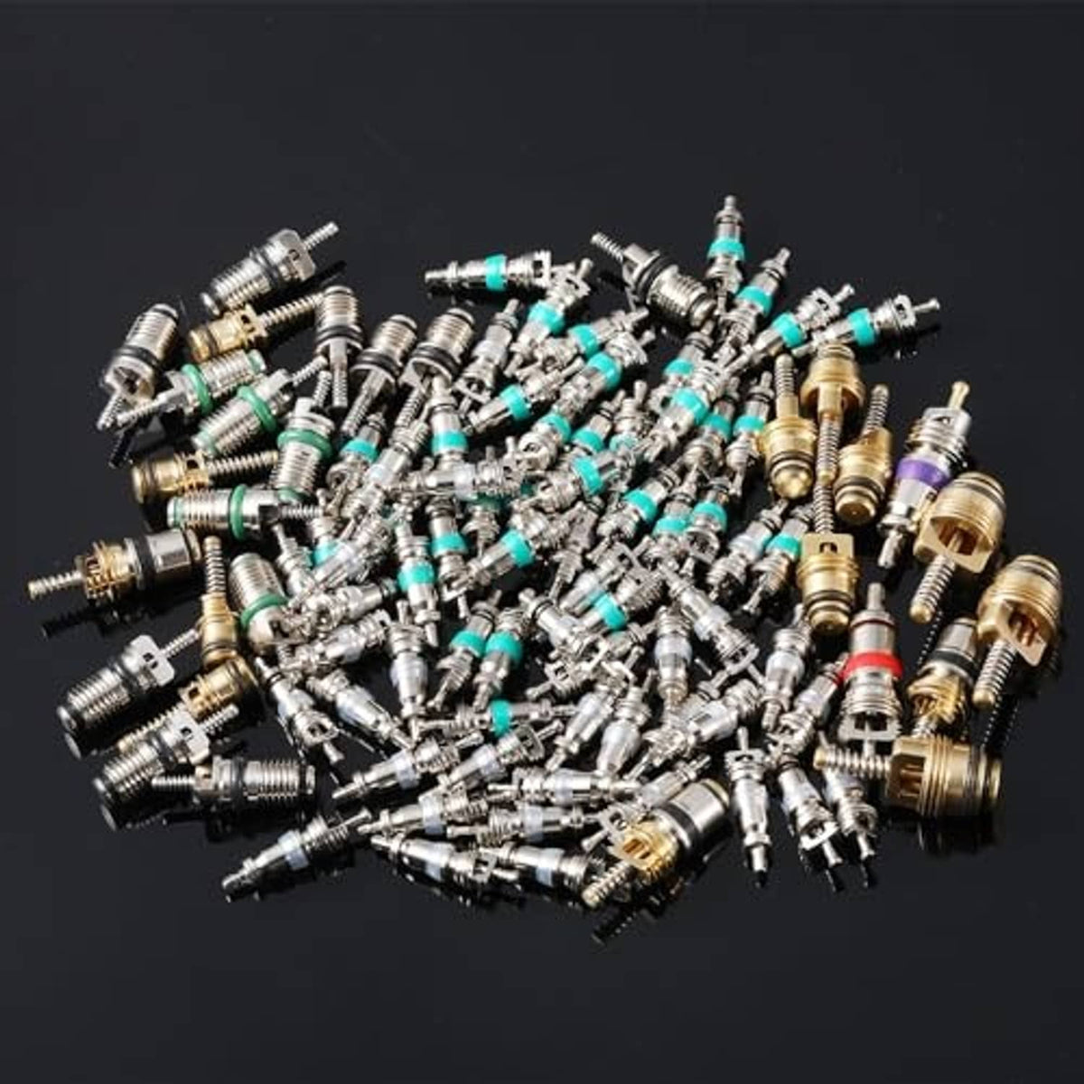 Mixed car A/C valve cores with colored seals in bulk assortment