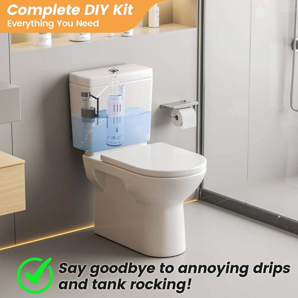 Dual flush toilet tank valve replacement kit installed on a two-piece toilet