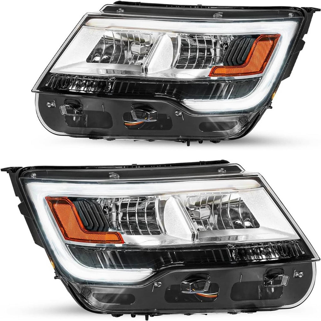 Set of chrome reflector LED DRL headlights with amber side markers, black housing