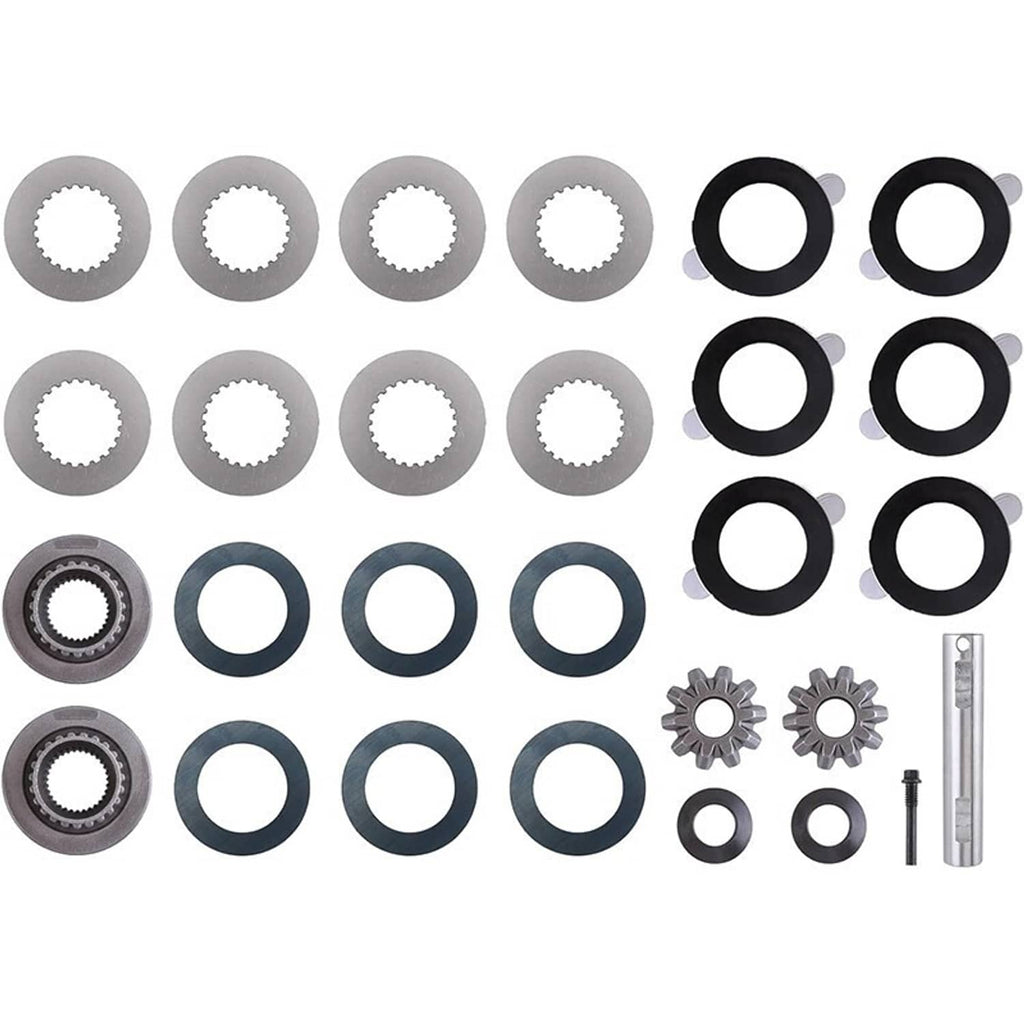Limited-slip differential clutch pack kit friction discs, rings, and spacer bushings